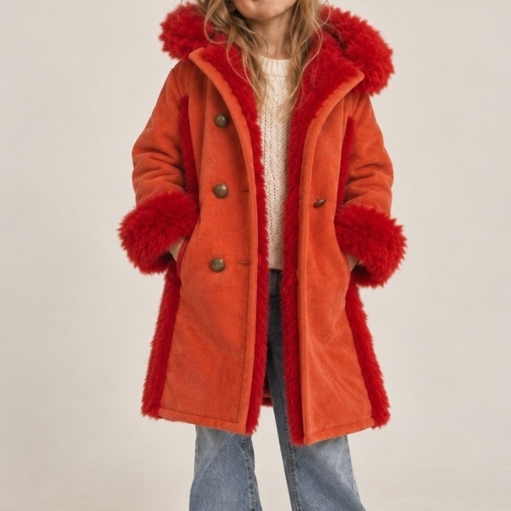 Vintage Suede Wool Coat Penny Lane Hooded Shearling S 6 8 Red Kids Retro Winter